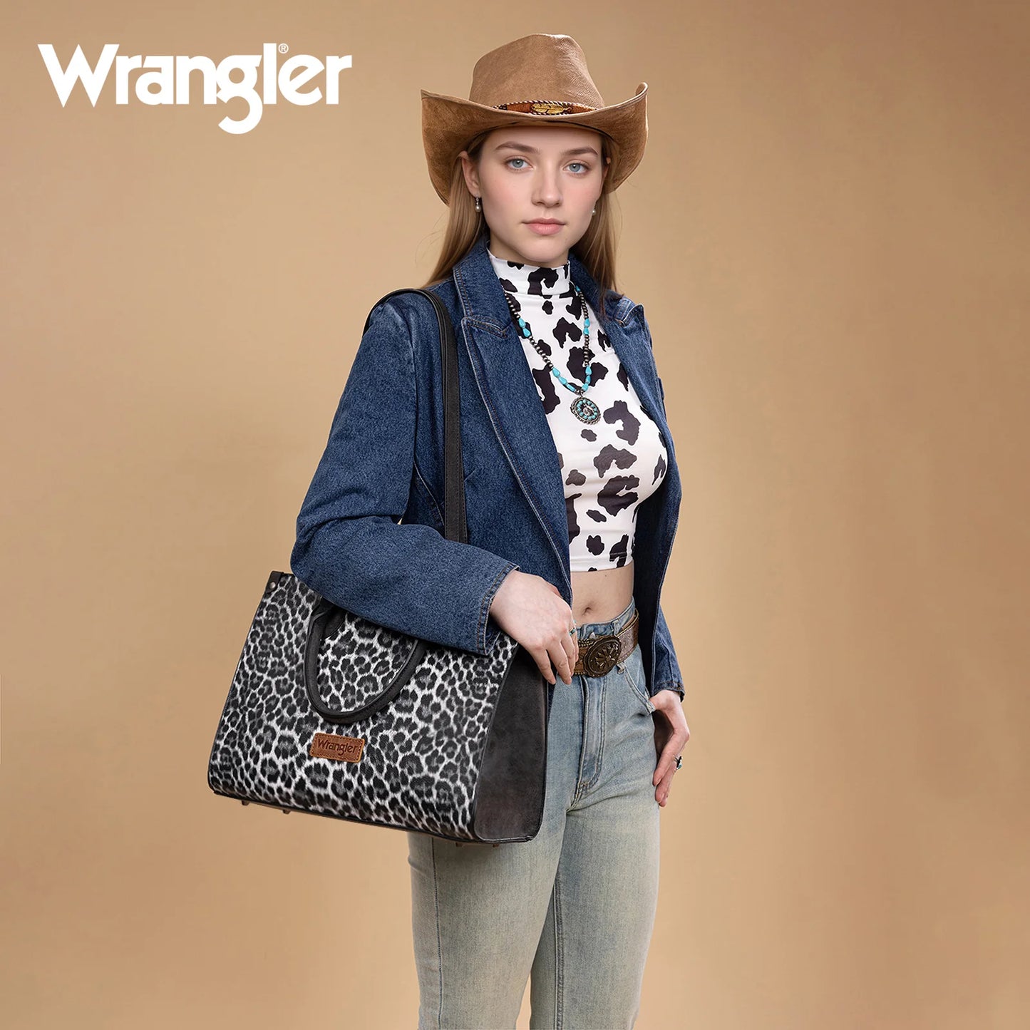 Wrangler Leopard Print Wide Tote Bag/Crossbody - Black