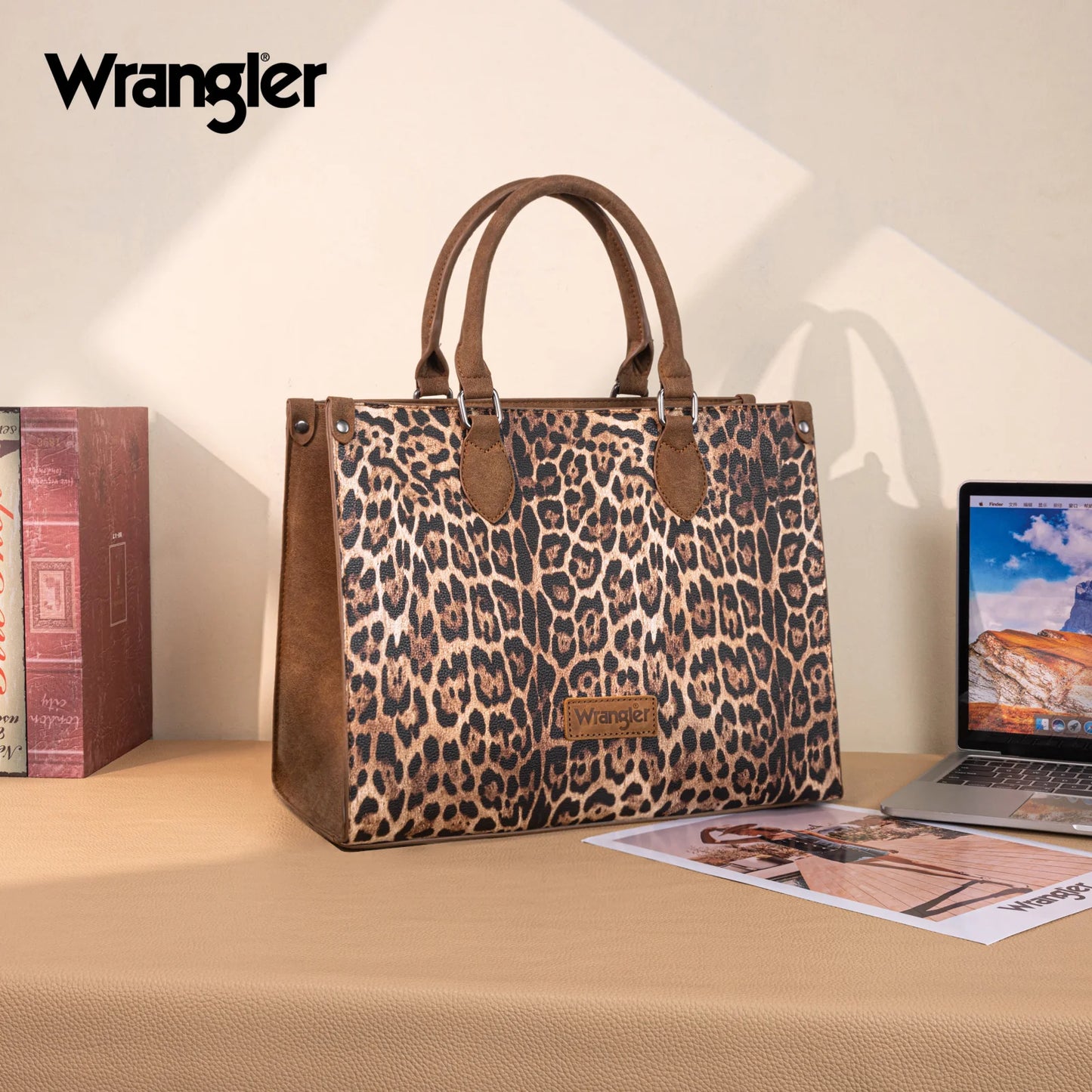 Wrangler Leopard Print Wide Tote Bag/Crossbody - Brown