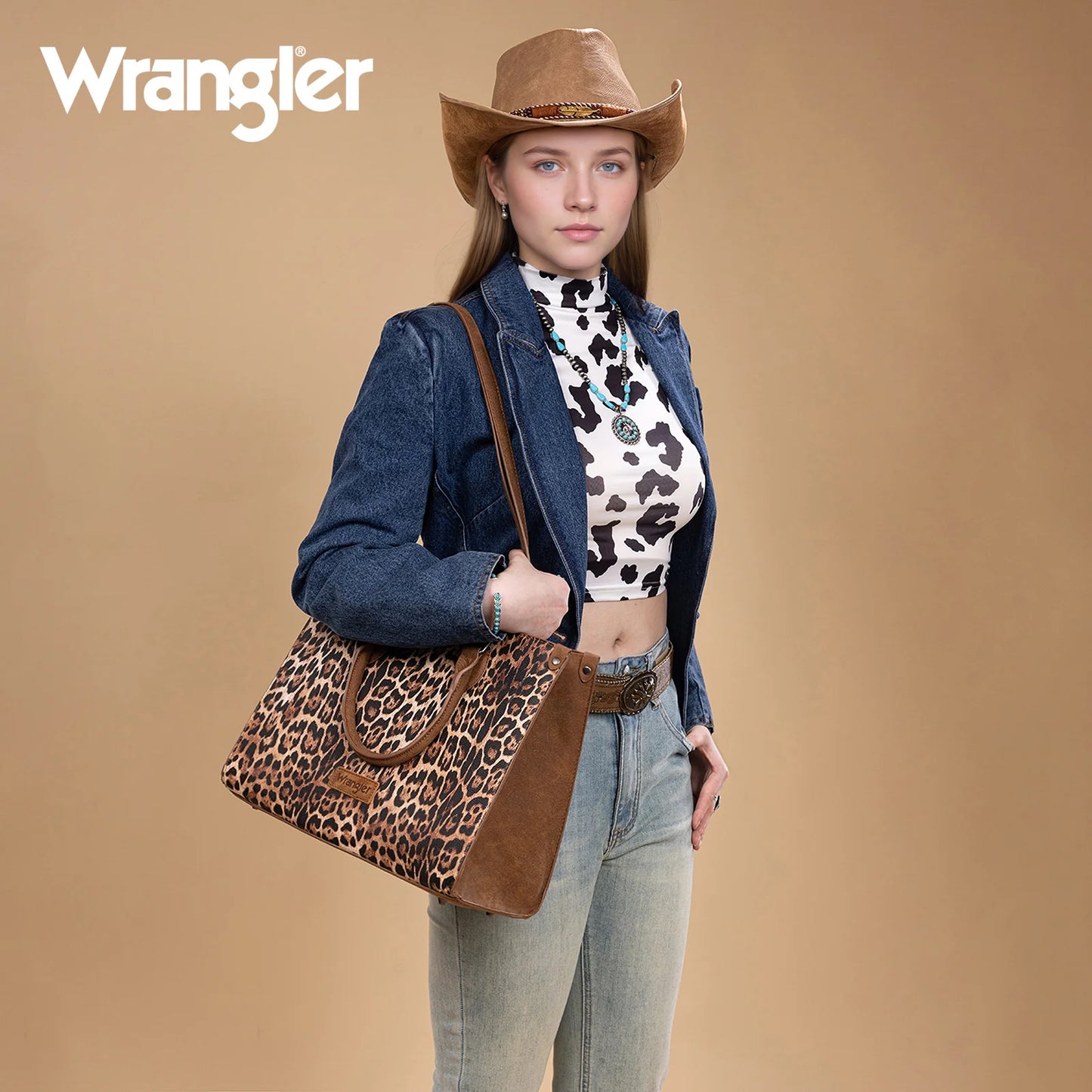 Wrangler Leopard Print Wide Tote Bag/Crossbody - Brown