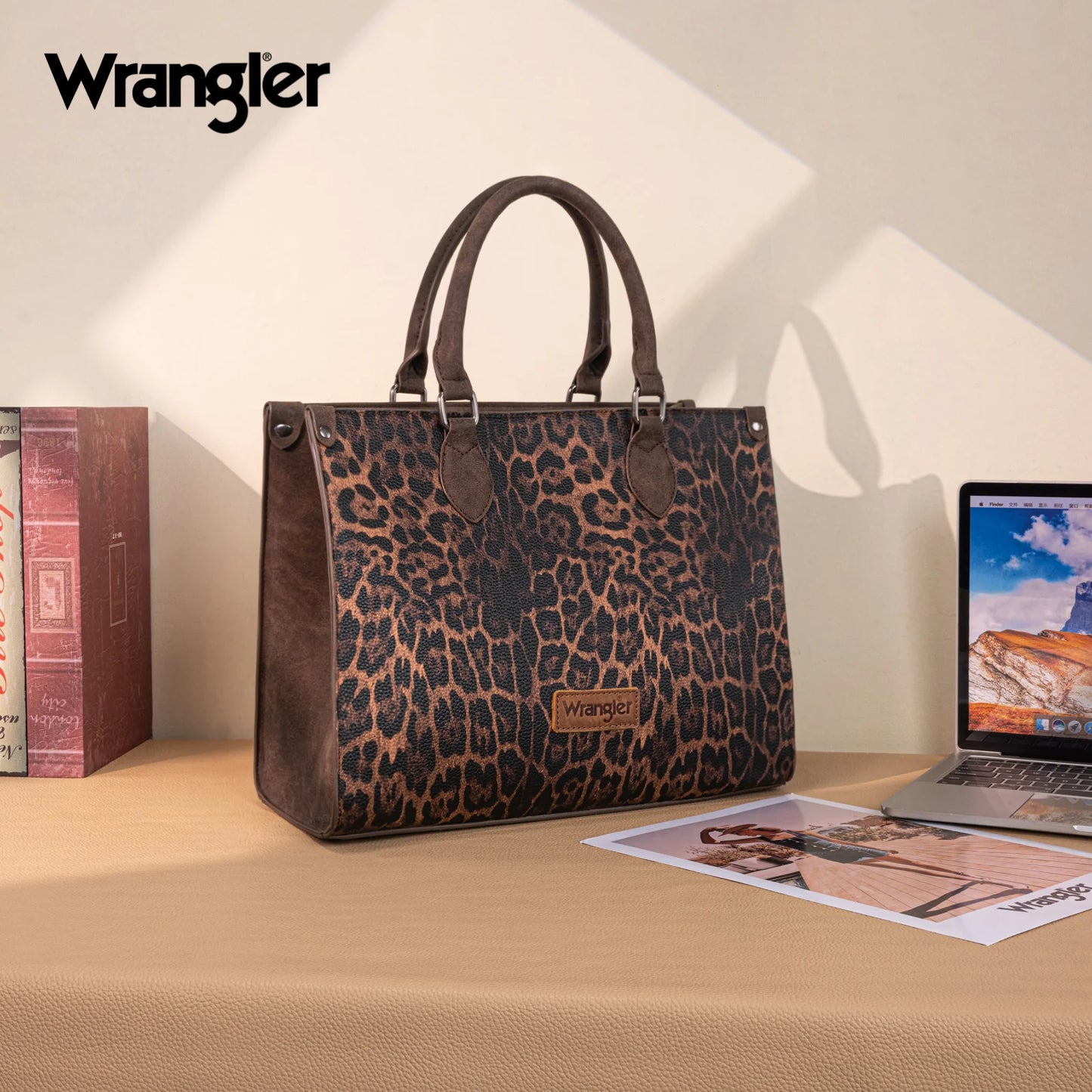 Wrangler Leopard Print Wide Tote Bag/Crossbody - Coffee
