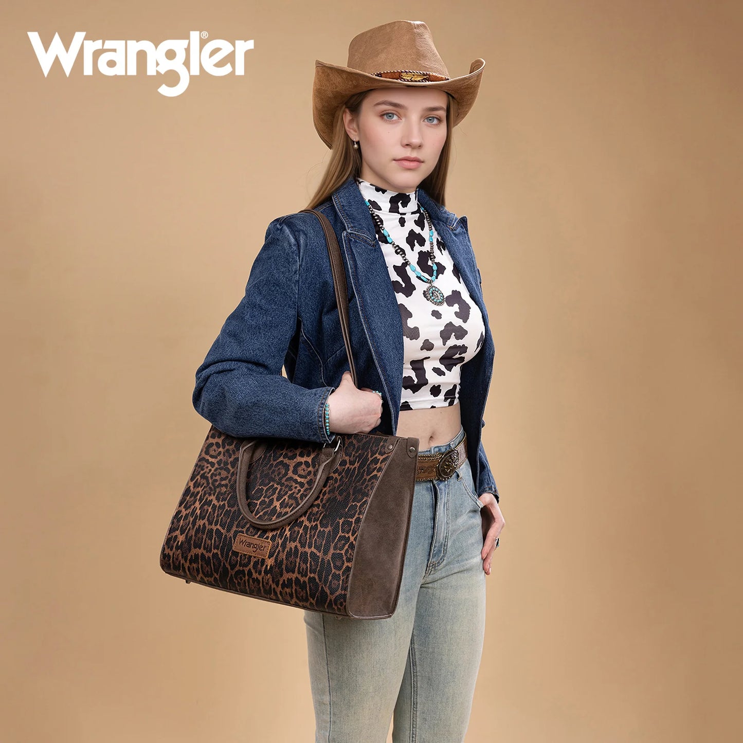 Wrangler Leopard Print Wide Tote Bag/Crossbody - Coffee